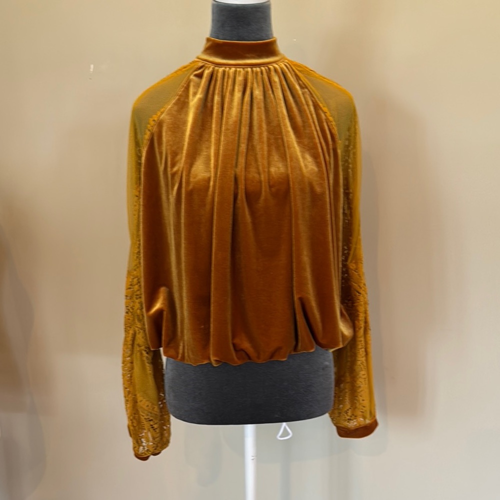Free People Gold Relaxed Pleated Blouse with Mandarin Collar